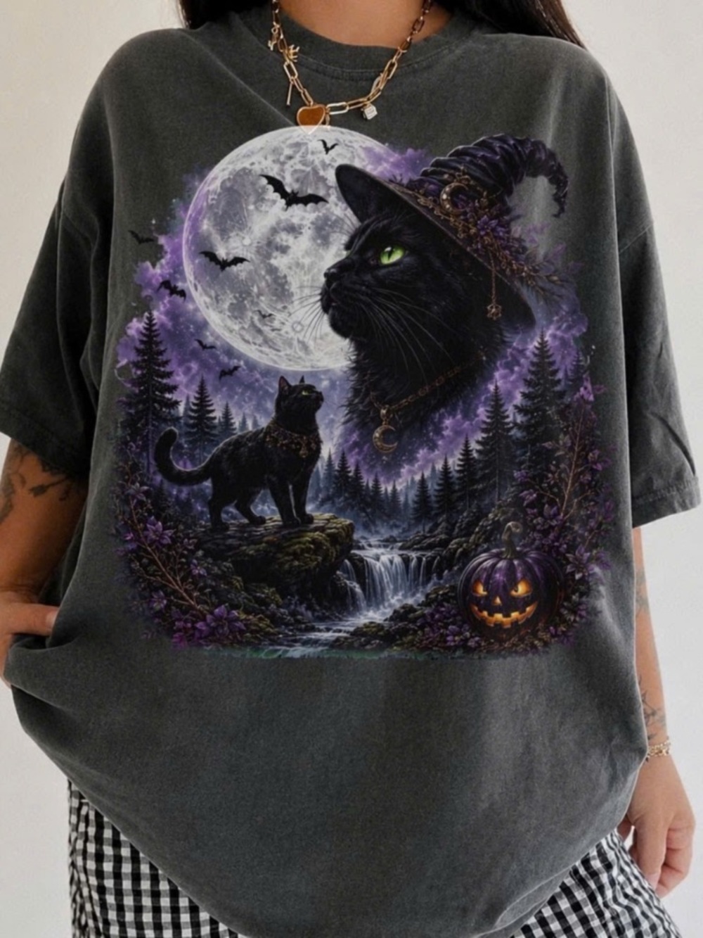 Comfort Colors Pepper Tee with Purple Witch Cat Graphic